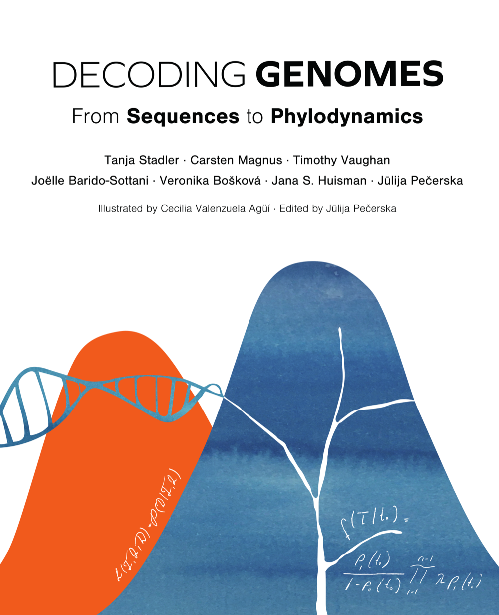 《Decoding Genomes: From Sequences to Phylodynamics》封面,Stadler 等 2024,CC BY-SA 4.0;封面插画 Cecilia Valenzuela Agüí